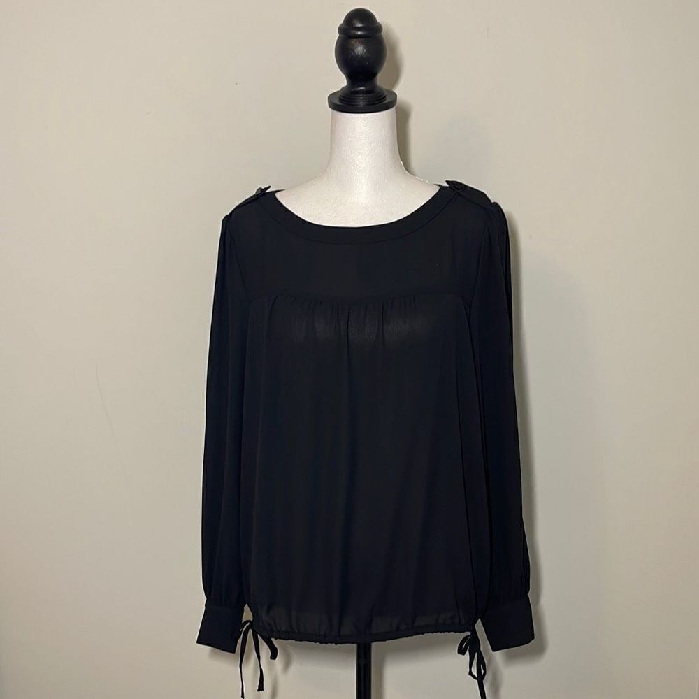 LOFT Womens Long Sleeve Blouse Top Tie Waist Pleated Black Size Small Petite